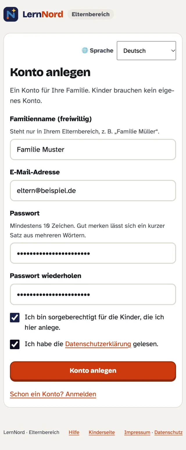Formular „Konto anlegen“ mit E-Mail-Adresse, Passwort und zwei Häkchen