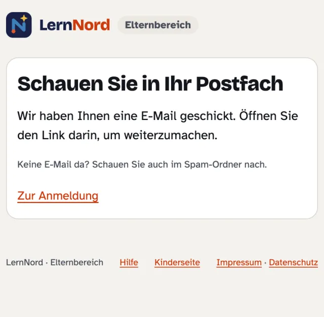 Hinweis „Schauen Sie in Ihr Postfach“ nach der Registrierung