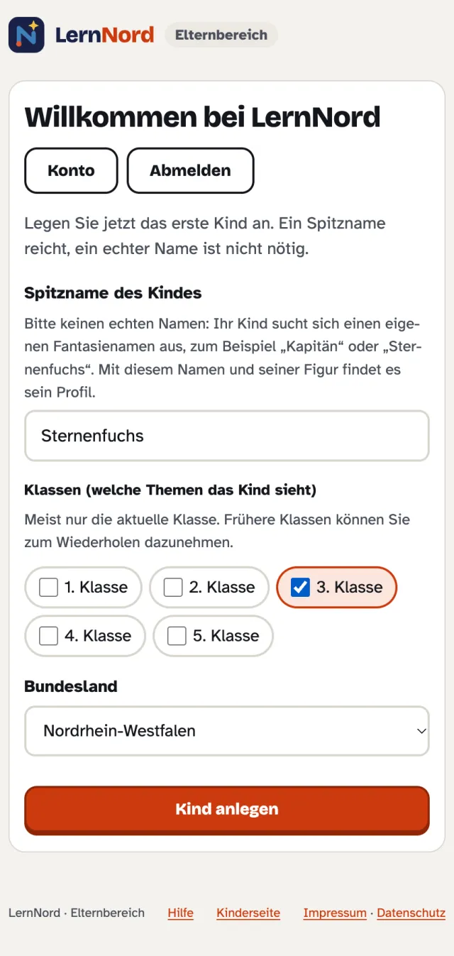 Formular „Kind anlegen“ mit Fantasiename, Klasse und Bundesland