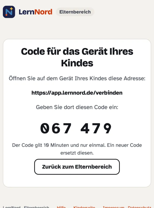 Elternbereich zeigt einen 6-stelligen Code und die Adresse zum Verbinden