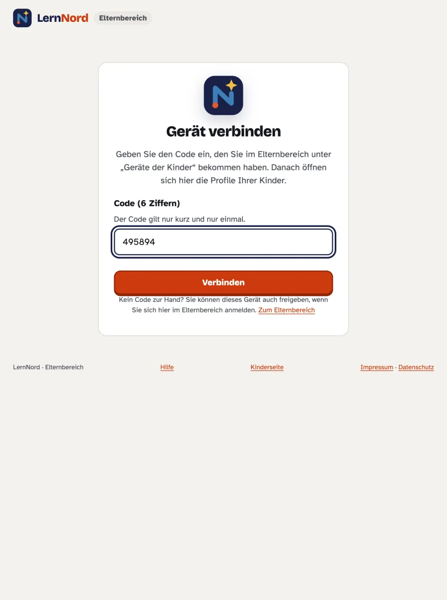 Auf dem Gerät des Kindes wird der 6-stellige Code eingegeben