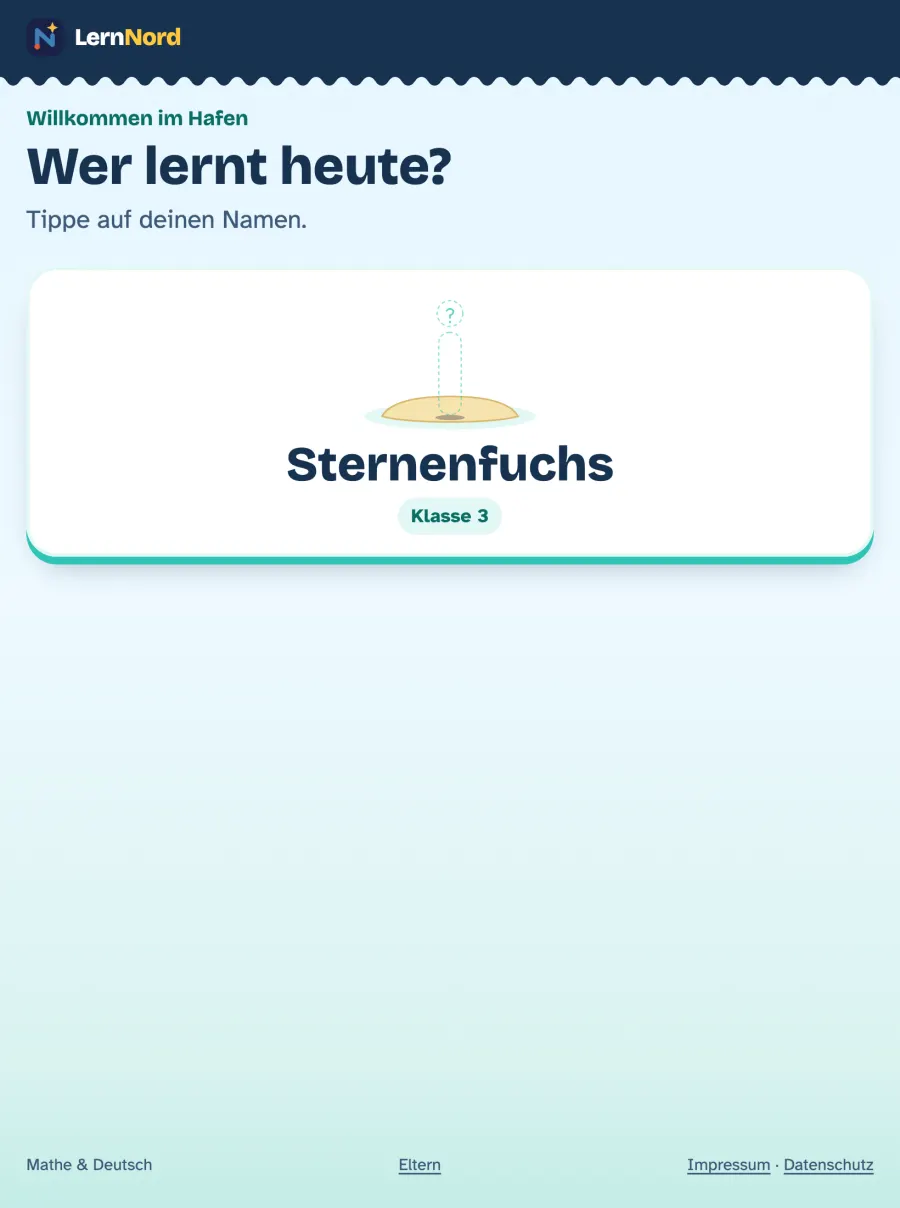 Profilauswahl „Wer lernt heute?“ mit dem Fantasienamen des Kindes