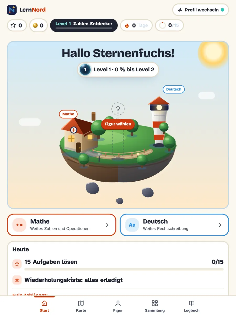 Startseite des Kindes mit Insel, Mathe, Deutsch und dem Tagesziel
