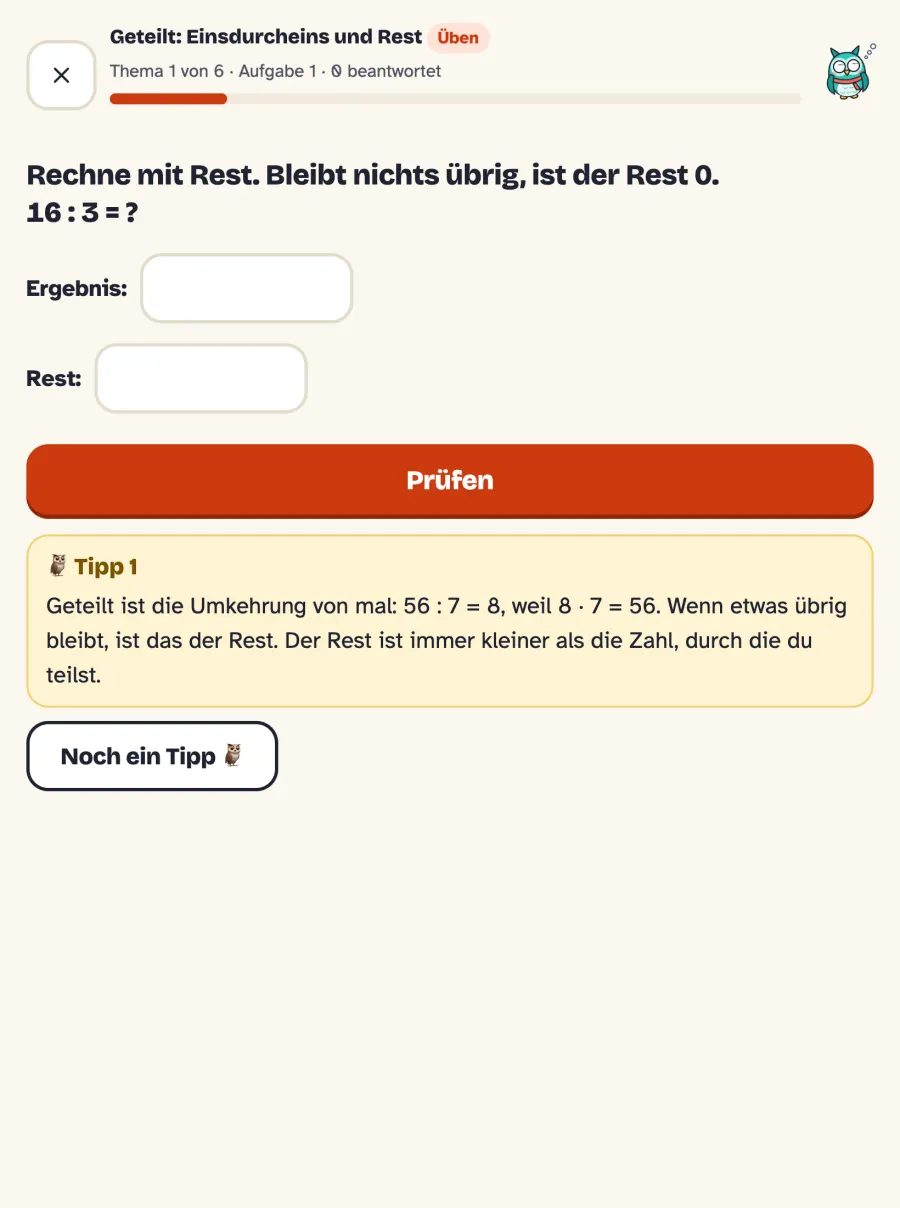 Aufgabe 16 : 3 mit Rest und dem ersten Tipp von Zahli