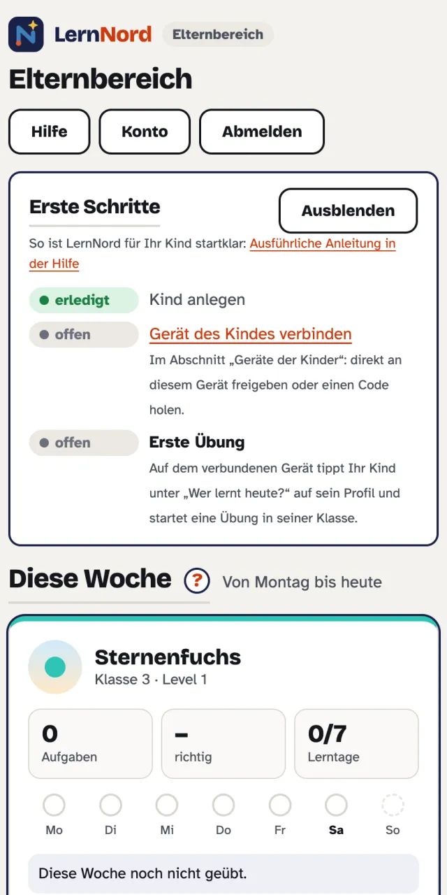 Elternbereich mit dem Wochenüberblick des Kindes