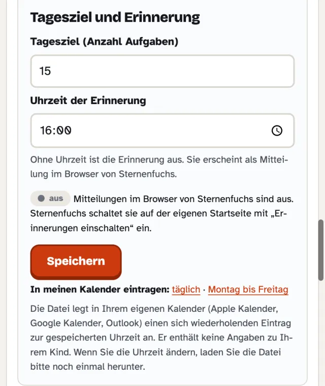 Tagesziel, Uhrzeit der Erinnerung und „In meinen Kalender eintragen“